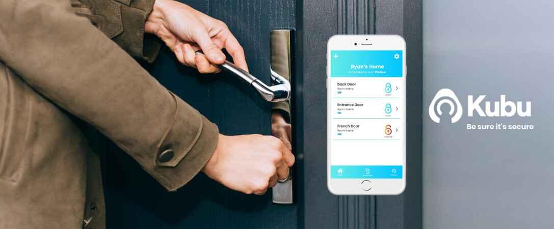 Kubo smartphone lock on a light navy door