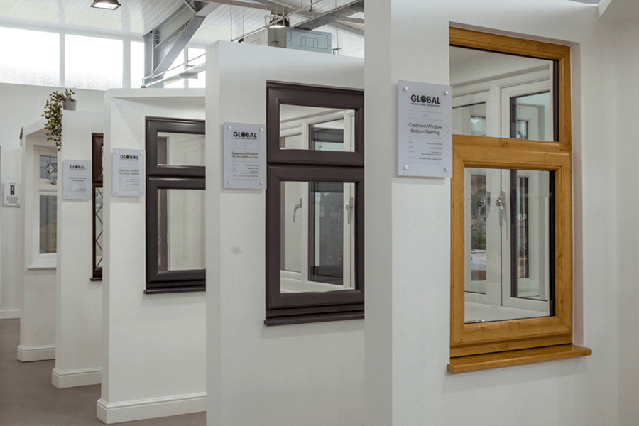 showroom windows with different uPVC such a timber , black and rosewood